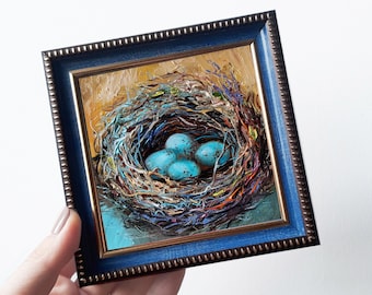 Blue eggs Bird nest original painting 4x4 Personalized gift, Bird egg miniature oil Nest wall art framed, Gift for mother