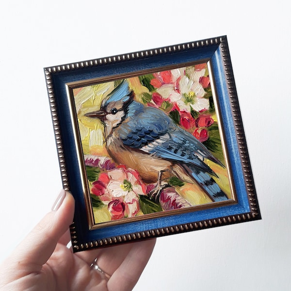 Blue jay bird oil painting originale 4x4, piccolo uccello dipinto su ramo in fiore, regalo di ringraziamento