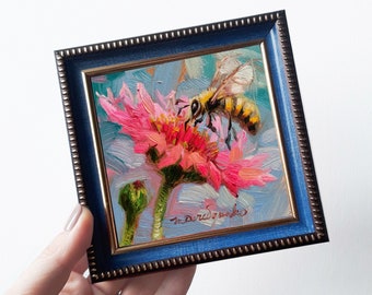 Bee oil painting original art pink flower, Bee wall art picture in frame, Miniature bee artwork gift for women Easter small gift
