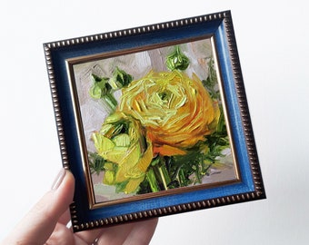 Peinture florale de renoncule originale encadrée 4x4, cadeau de maman de fille, cadeau de jour de Valentines de maman, décor d'art de mur de deux fleurs jaunes