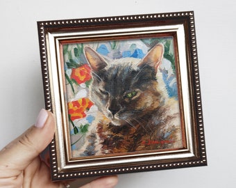 Chat animal peinture 4 x 4 dans le cadre, petit animal de compagnie peinture à l’huile originale encadrée oeuvre, chat animal portrait huile art mini cadeau