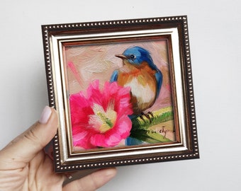 Bluebird painting original oil 4x4, Bluebird art illustration small painting framed 4x4, Bird and flower wall art