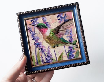 Colibrì pittura originale olio arte incorniciato 4x4, Rubino gola colibrì rosa pittura minimalista, Simpatia regalo migliore amico