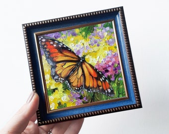 Monarch butterfly art oil painting original 4x4, Yellow oil painting butterfly picture framed, butterfly wall art best friend gift