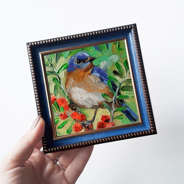 Merlebleu de l'Est peinture originale à l'huile 4x4 encadrée, illustration d'art oiseau bleu petit art mural encadré, cadeau de fête des mères