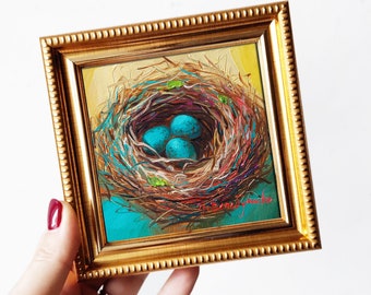 Bird nest original painting 4x4, Bird eggs miniature oil small painting wall art framed, Robins egg blue turquoise Easter