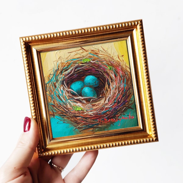 Bird nest original painting 4x4, Bird eggs miniature oil small painting wall art framed, Robins egg blue turquoise Easter