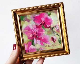 Peinture à l'huile d'orchidée originale dans le cadre, art mural floral rose chaud original 4x4, petite peinture florale d'art cadeau de Saint Valentin