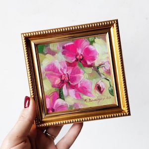 Orchid oil painting original in frame, Hot pink floral wall art original 4x4, Small art floral painting Valentines day gift