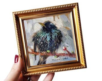 Starling bird art pittura originale piccola arte incorniciata, opera d'arte uccello bianco nero regalo personalizado per la prima mamma