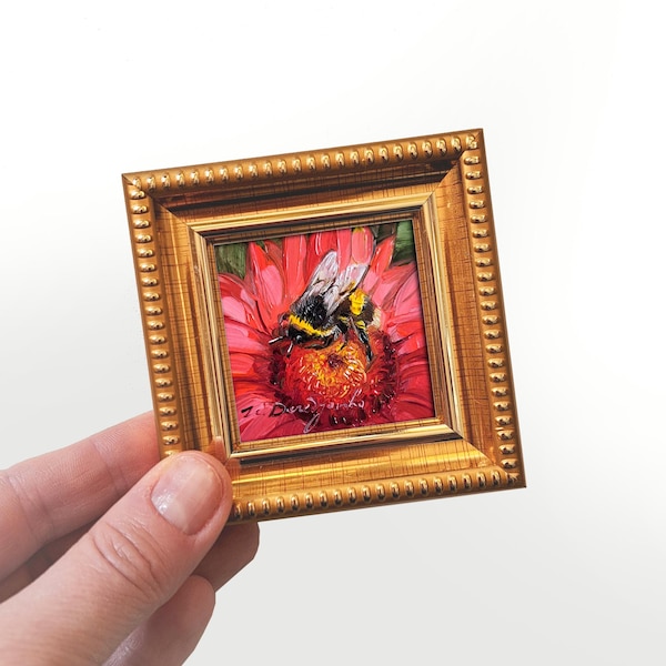 Bee oil painting original, Bee oil art tiny painting, Bee artwork framed handmade miniature - Bee kind with yourself