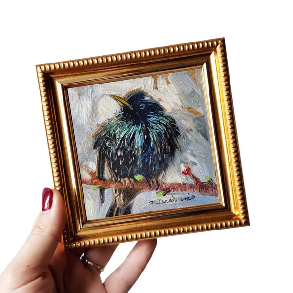 Starling Vogel Kunst pittura originale piccola arte incorniciata, Oper d'arte uccello bianco nero regalo personalizzato für die primamama