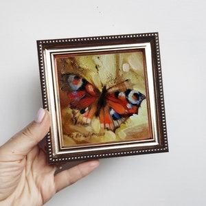 Butterfly wall art framed, Oil painting original small art framed, Yellow red butterfly painting original in memory gifts