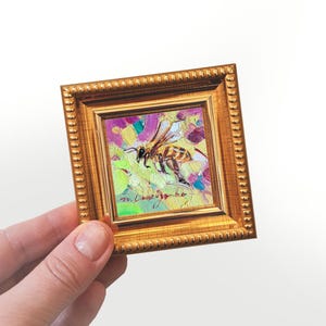 Bee oil painting original, Bee oil art tiny painting, Bee artwork framed handmade miniature - Bee kind with yourself