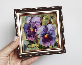 Purple flowers oil painting original, Pansy wall art decor for entryway, Small painting framed, Best friend gifts birthday