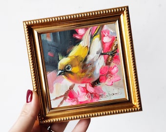 Original bird oil painting framed 4x4, Painting yellow bird on blossom branch, Small painting framed of birds for bird lovers