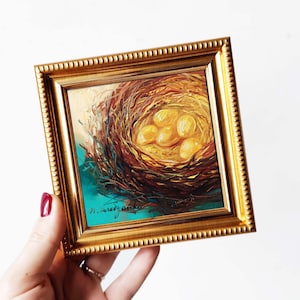 Goldene Eier Vogel Ölgemälde original Wandkunst gerahmt, Nest Miniatur Ölgemälde 4 x 4 Zoll Rahmen, kleine Malerei Vatertagsgeschenk