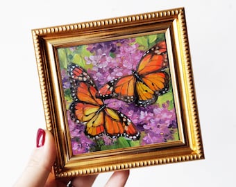 Dos mariposas arte pintura al óleo original enmarcado 4x4, arte de pared naranja mariposa pequeña pintura enmarcada, imagen monarca mejor amigo regalo