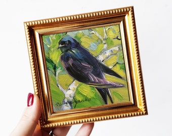 Hirondelle oiseau sur branche peinture à l'huile originale Purple martin 4x4, Petit cadre art oiseau vert décoration murale - Il ne coûte rien d'être gentil