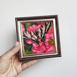 Swallowtail butterfly art painting original 4x4, Black white oil painting butterfly picture framed, Zebra butterfly wall art gift for sister