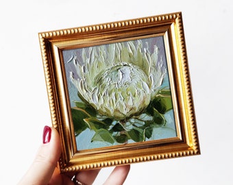 Small oil painting original 4x4 framed white protea flower art, Unique protea wall art, Floral art oil painting gift for girlfriend