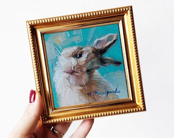 Cute rabbit oil painting original art turquoise 4x4, Animal oil painting in frame, Nursery wall art rabbit lover gift Easter