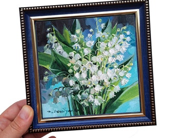 Small framed art oil painting original tiny painting canvas 5x5, Lily of the valley flowers white picture floral artwork, Birthday gift idea