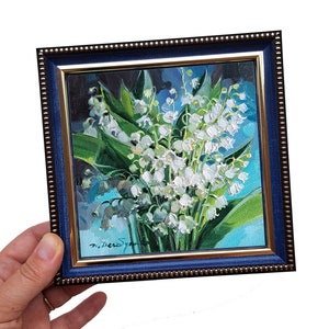 Kleines gerahmtes Kunst-Ölgemälde original kleine Malerei Leinwand 5x5, Maiglöckchen Blumen weiß Bild Blumenkunstwerk, Geburtstag Geschenkidee