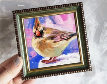 Cardinal bird art painting original, Christmas gift small picture frame, bird wall art, Pink bird artwork, Shelf or Table Art for Bird lover