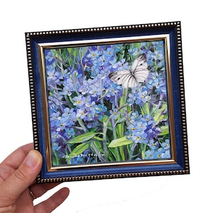 Small oil painting original blue flowers painting canvas 5x5, Forget-me-not flowers picture frame floral artwork, Birthday gift idea