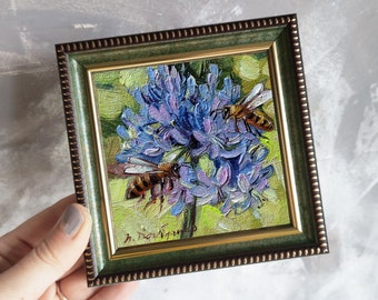 Bee artwork, Bee art painting original, Couple gift idea anniversary, Blue flowers painting, Small painting of animals, Bee picture frame