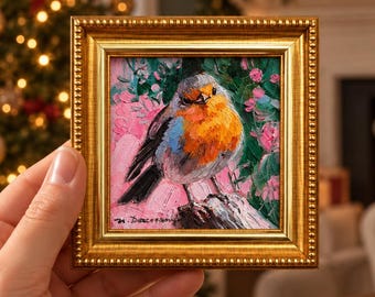 Hand Painted Bird Art 4x4 Inch, Robin Framed Oil Painting, Christmas Stocking Stuffer, Cute Christmas Gift