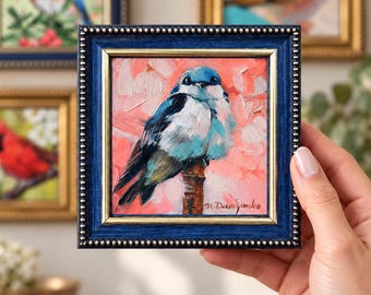 Original Blue Bird Oil Painting, 4x4 Framed Canvas Art