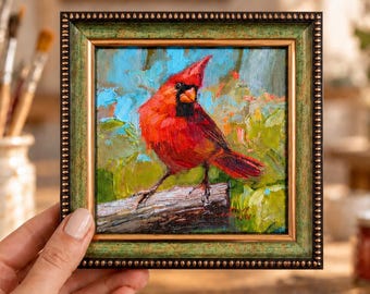 Cardinal Bird Original Oil Painting, 6x6" Framed Canvas Art, Hand Painted Canvas, Gift for Bird Lover