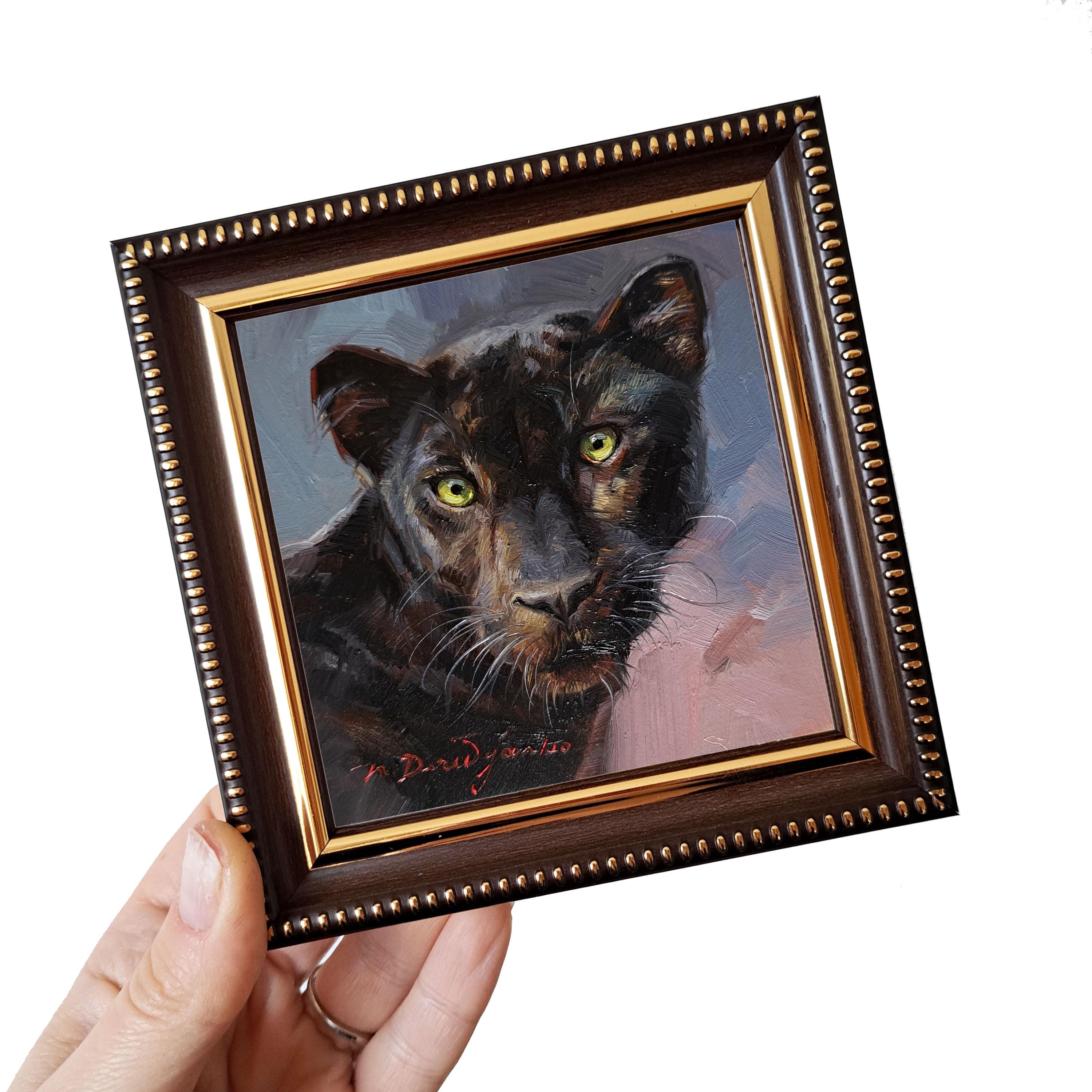 Black panther art painting 4x4 in frame, Small black animal portrait oil painting original framed, Custom pet portrait miniature paintings