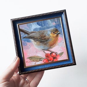 Robin painting original bird on brunch art painting, Miniature artwork 4x4 bird oil painting, Small painting framed, Gift for dad gift