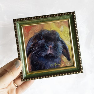 Custom pet portrait painting 4x4 in frame, Small bunny oil painting original framed artwork, Black rabbit pet portrait oil art mini gift 4x4 green frame