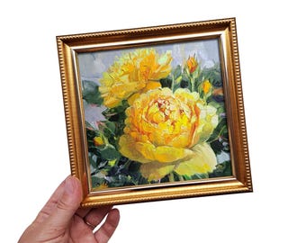 オリジナルの黄色いバラの油絵、印象派風の花柄キャンバスアート作品