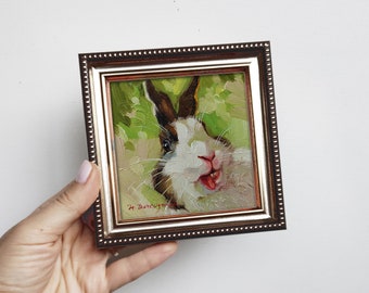 Cute rabbit painting original framed 4x4, Small painting oil white black rabbit artwork frame, Bunny pet painting for nursery