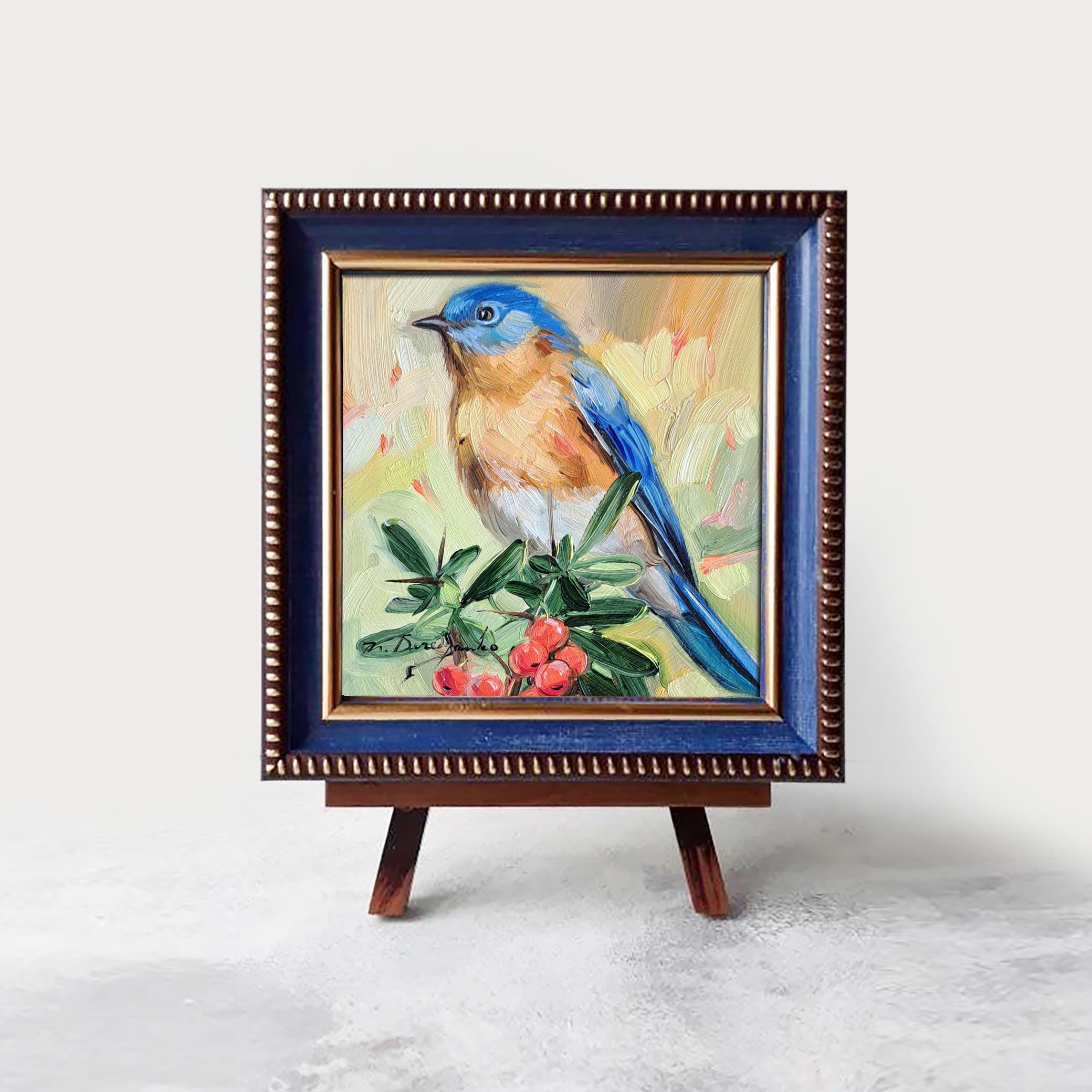 ［bluebird］絵画　油絵　※値段交渉あり Bluebird Oil Painting Original Framed 4x4, Blue Bird Art Miniature
