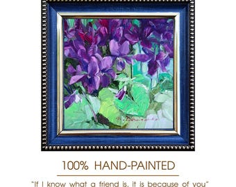 Violet flower art oil painting original, Viola Floral wall art Fine gift for her, Miniature artwork oil painting framed, Small art framed