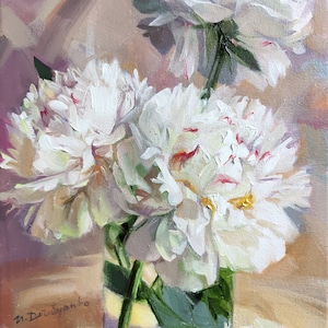 White peony art painting original, Flowers oil painting on canvas, Purity peony in glass, Floral wall art, Picture on shelf table Christmas