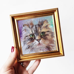 Custom cat painting 4x4 in frame, Small pet oil painting original framed artwork, Custom pet portrait oil art mini gift
