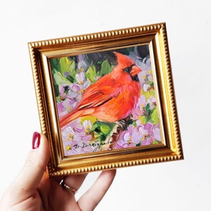 Bird Cardinal oil painting original miniature, love gift red bird artwork, home decor small painting 4x4 4x4 gold frame