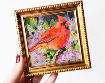 Bird Cardinal oil painting original miniature, love gift red bird artwork, home decor small painting 4x4