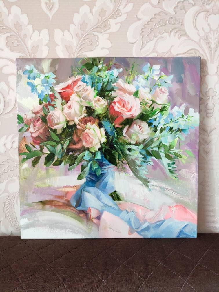 Bridal Flowers Portrait, Custom Wedding Bouquet Painting on Canvas ...