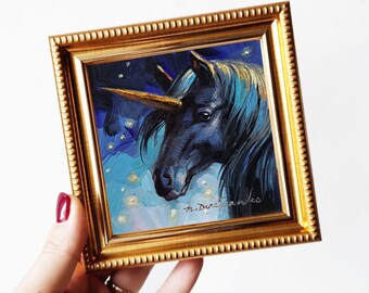Dipinto ad olio unicorno nero originale, Piccolo animale dipinto 4x4 opera d&#39;arte incorniciata, Horse pet painting per asilo nido