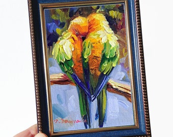 Due pappagallo pittura ad olio su tela originale, arte di coppia di uccelli in corniche blu, piccolo dipinto regalo carino anniversario