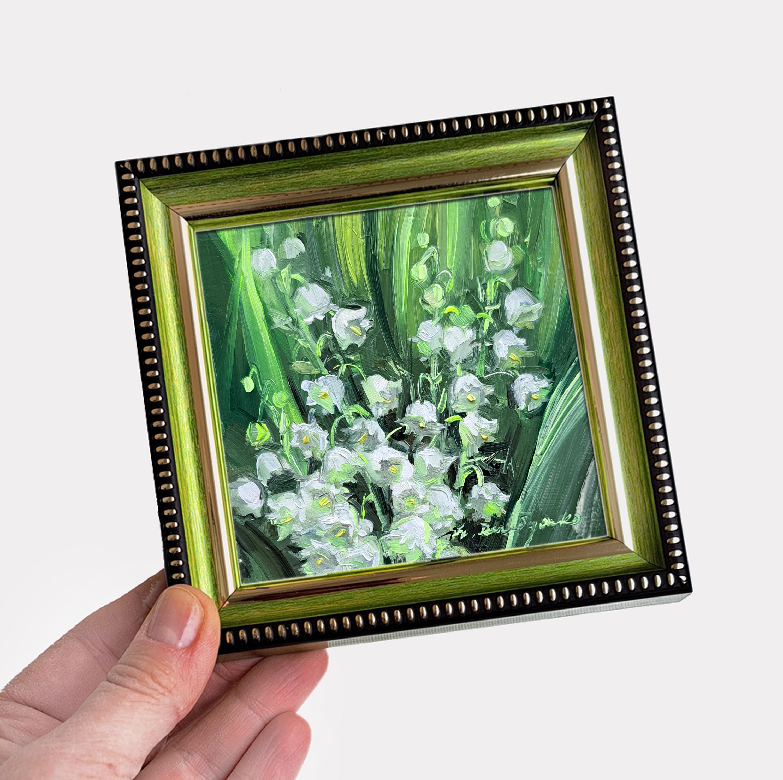 スズランの絵画、誕生花ギフト、小さな額入り花のアート 4 x 4 インチ