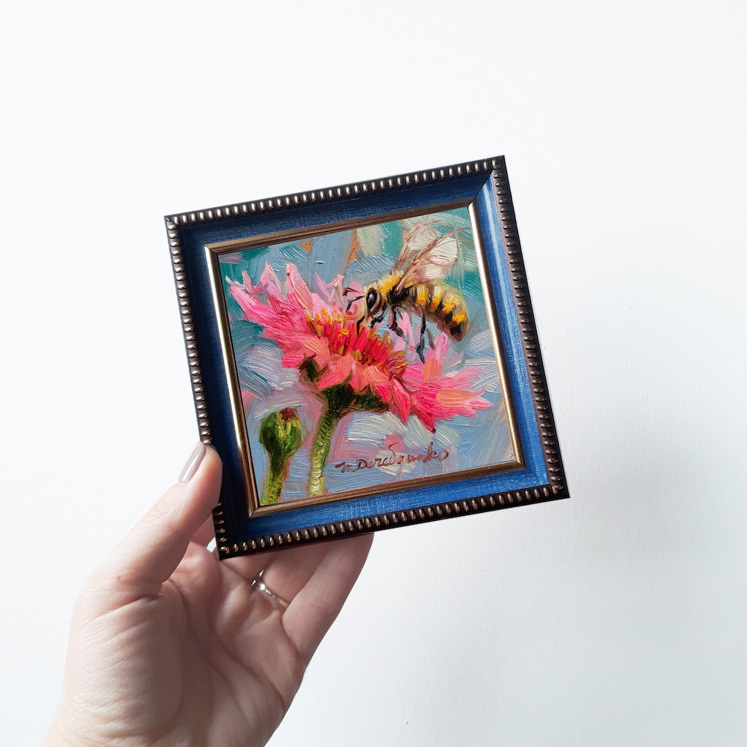 Bee Oil Painting Original Art Pink Flower, Bee Wall Art Picture in ...